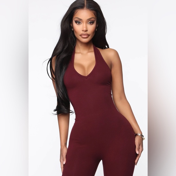 FASHION NOVA Standing Tall Ribbed Jumpsuit - Burgundy Size Large - Picture 2 of 8